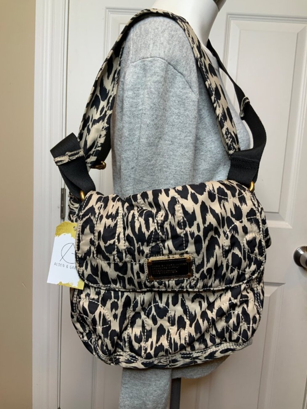 Marc Jacobs Tan Black Leopard Print Quilted Nylon Shoulder Bag